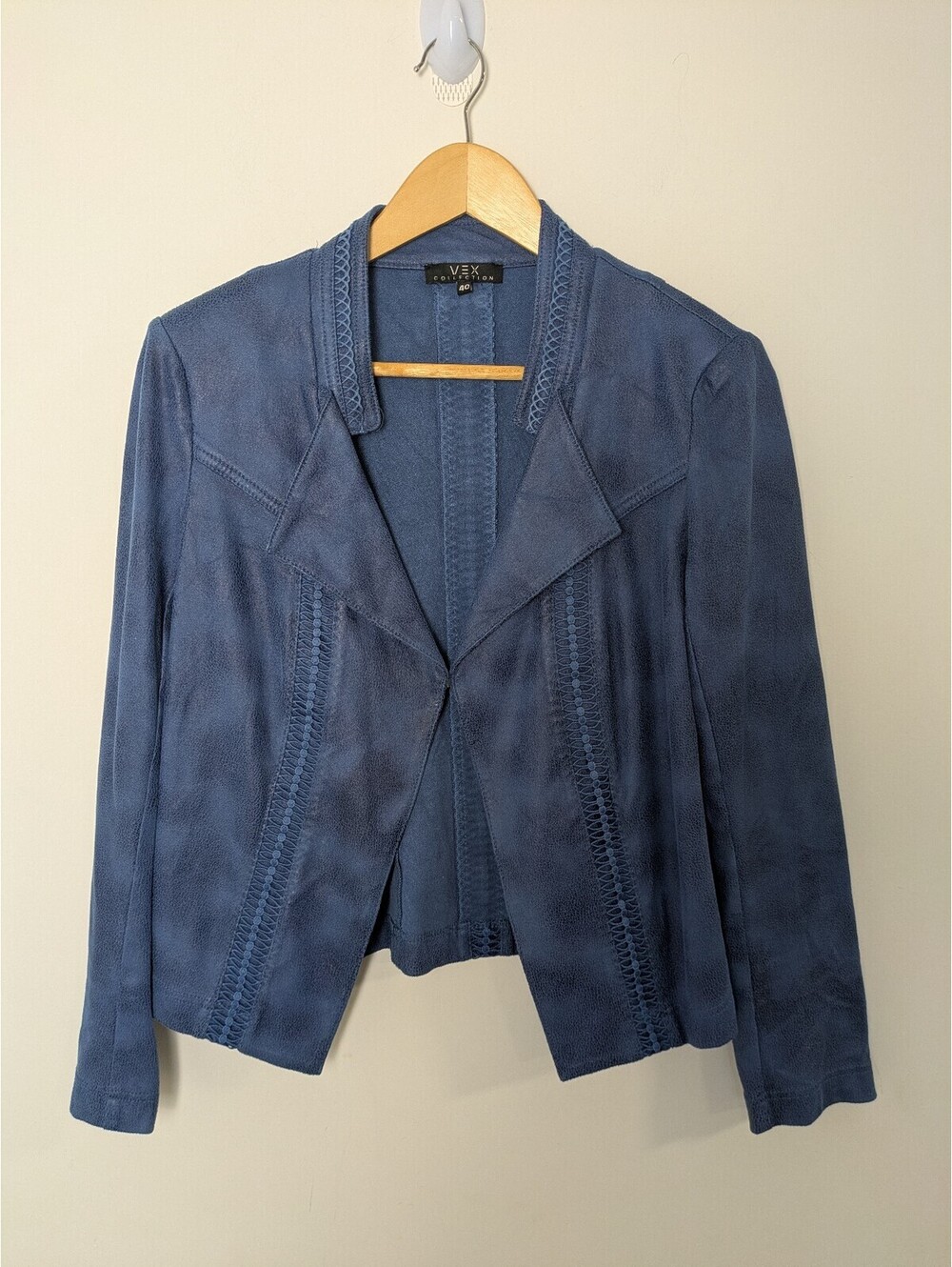 Vex Faux Suede Open Front Jacket Size 40 Slate Blue Embroidered Blazer Coat